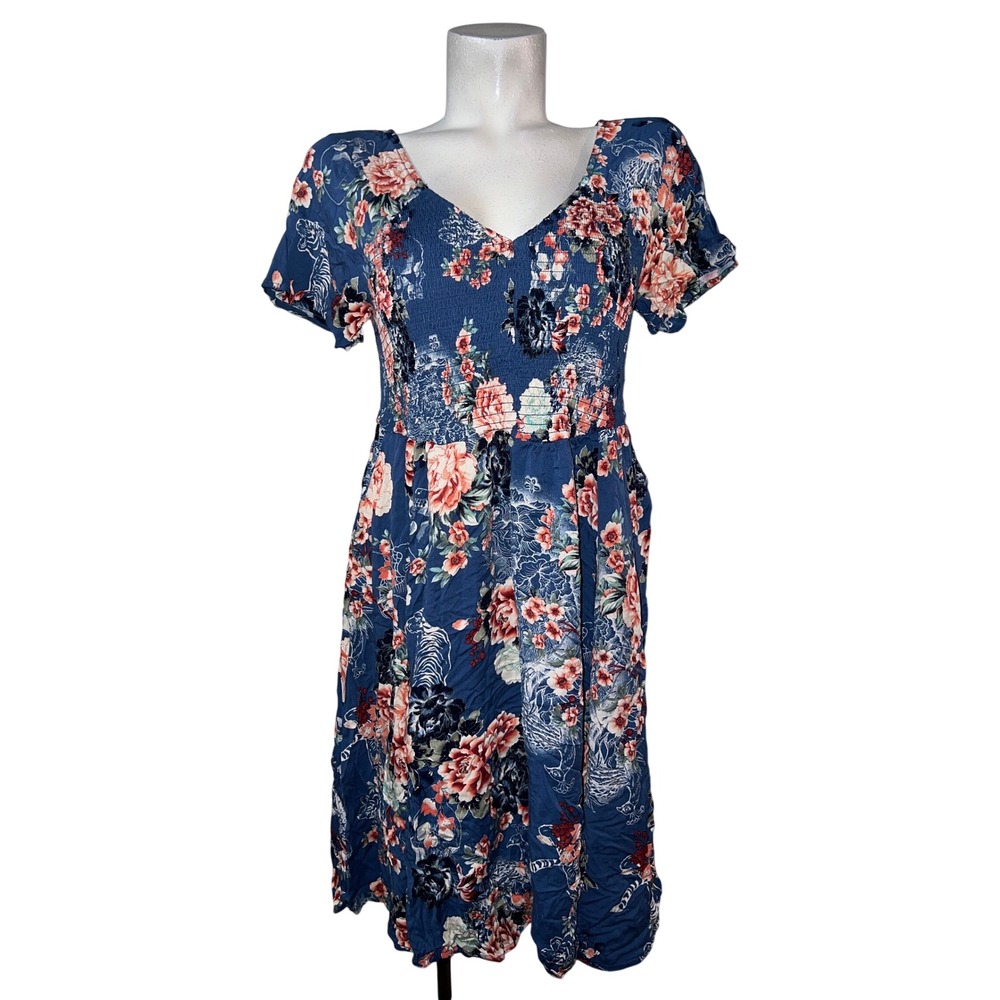 Torrid Blue Floral Tiger Dragon Smocked V-Neck Midi Dress Womens Plus Size 2 2X